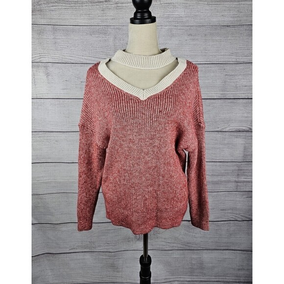 Anthropologie Elise Cable Knit Keyhole V-Neck Sweater Red and White Size Medium - Picture 1 of 6